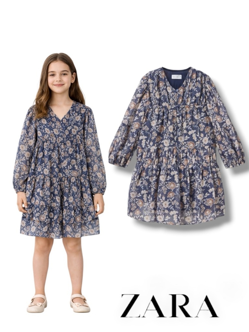 ZARA Kids Blue Floral Ruched V-Neck Long Sleeve Dress NWT Size 10 12